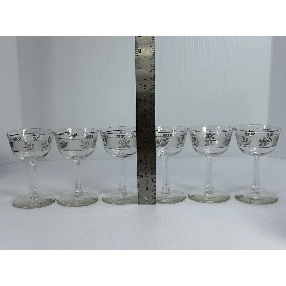 6 Vintage Libbey Silver‎ Leaf Frosted Champagne Glasses 5